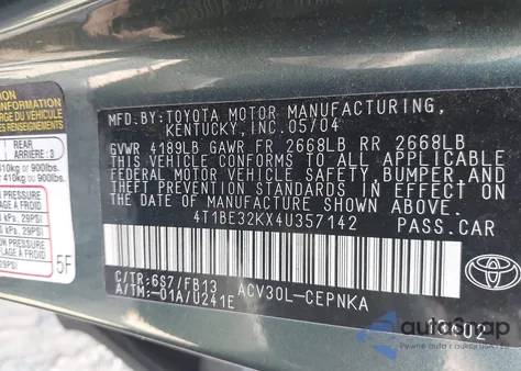 2004 Toyota Camry Le из США, поврежденный, VIN 4T1BE32KX4U357142